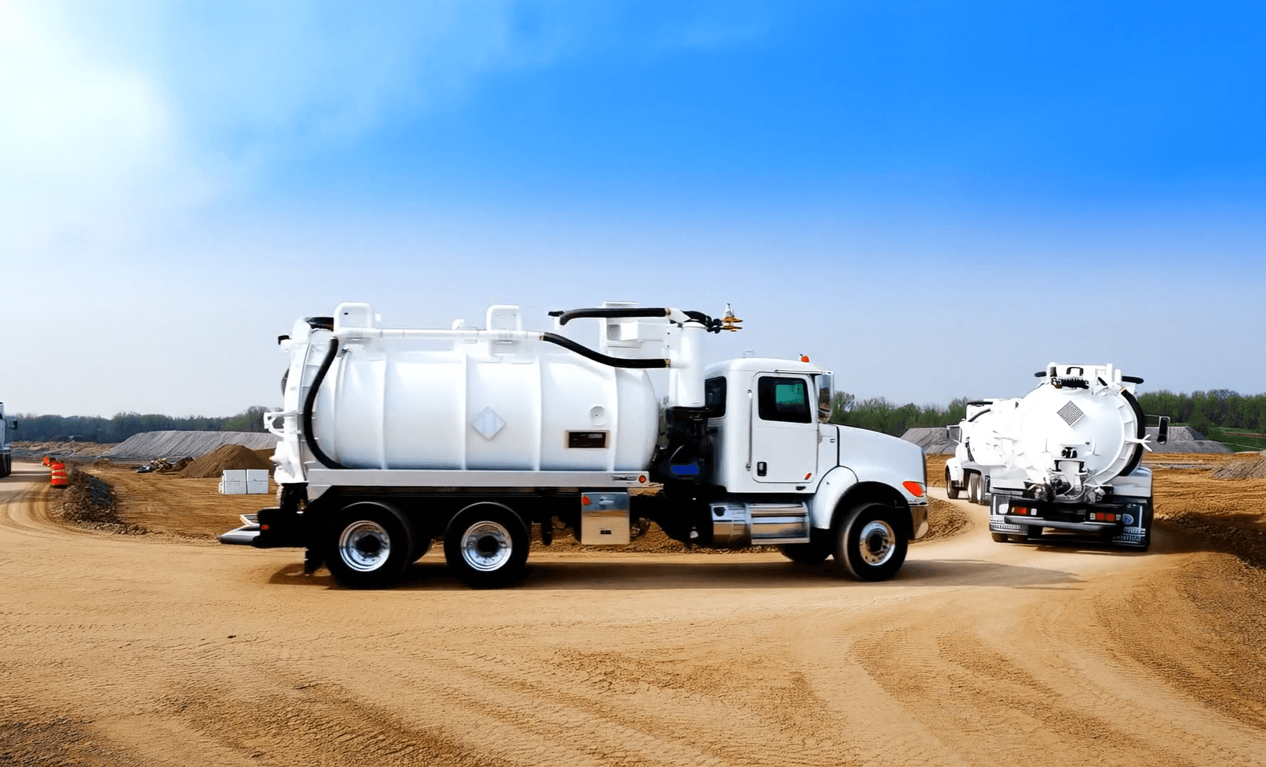 Vacuum trucks staged for material transport at a project site