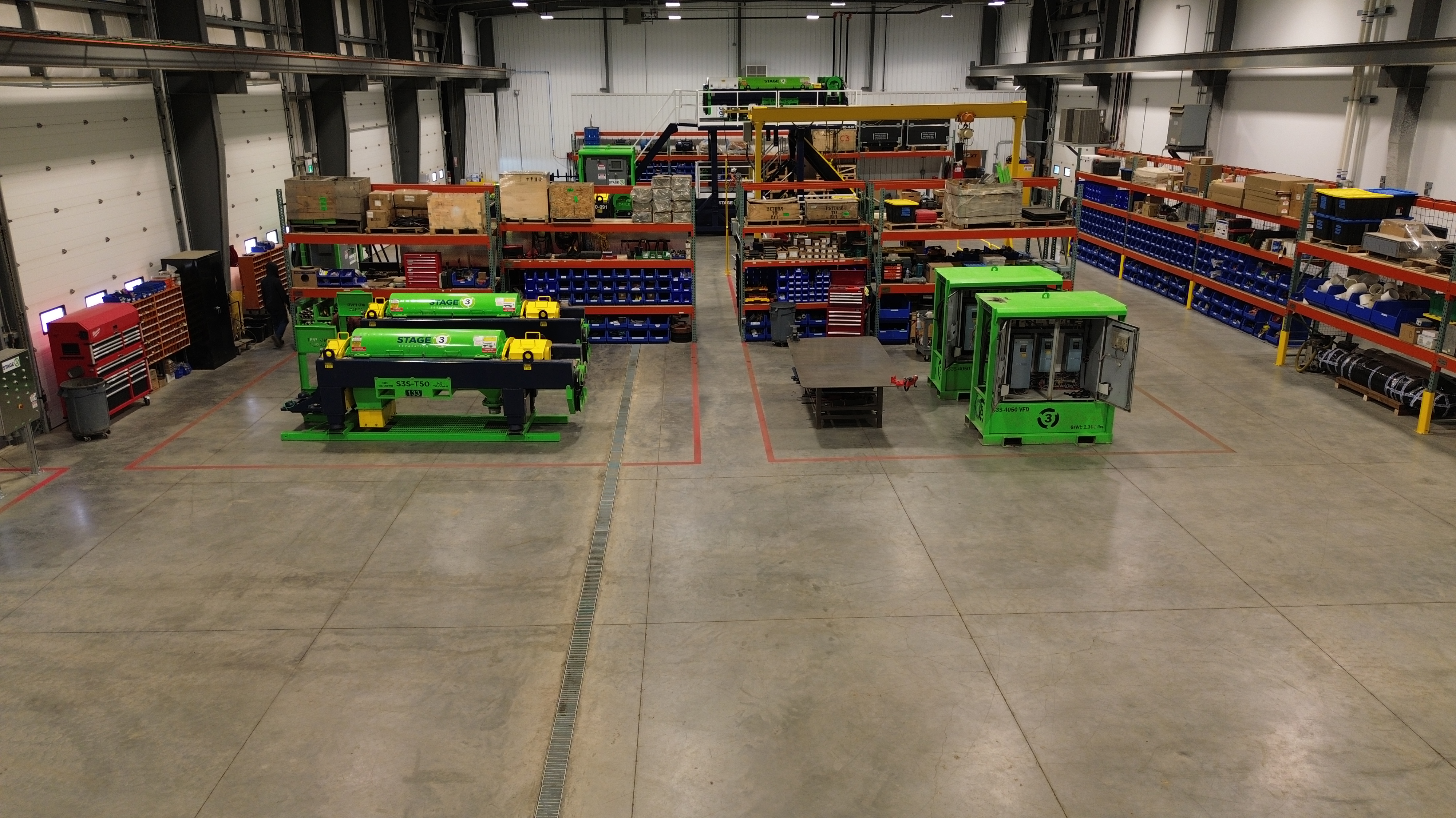 Wide view of equipment inside the Stage 3 Separation Calgary shop